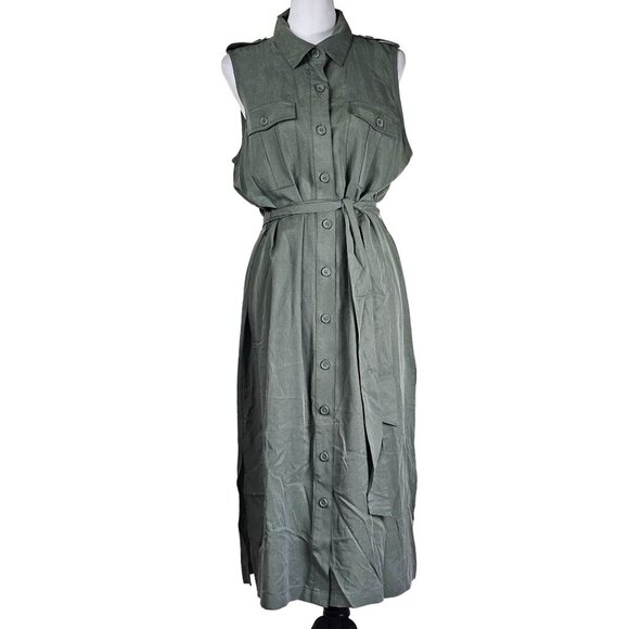 Banana Republic Dresses & Skirts - Banana Republic Womens Olive Sleeveless Button-Up Utility Dress Sz L Tie Belt